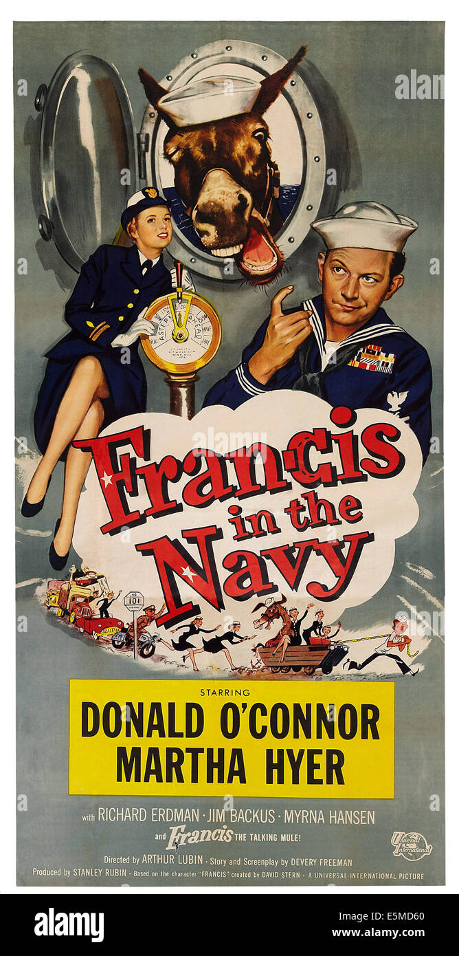 FRANCIS IN THE NAVY, US poster art, from left: Martha Hyer, Frances the Talking Mule, Donald O'Connor, 1955. Stock Photo
