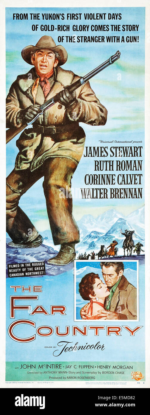 THE FAR COUNTRY, US poster art, James Stewart, (top left and insert, right), Ruth Roman, (insert, left), 1954 Stock Photo
