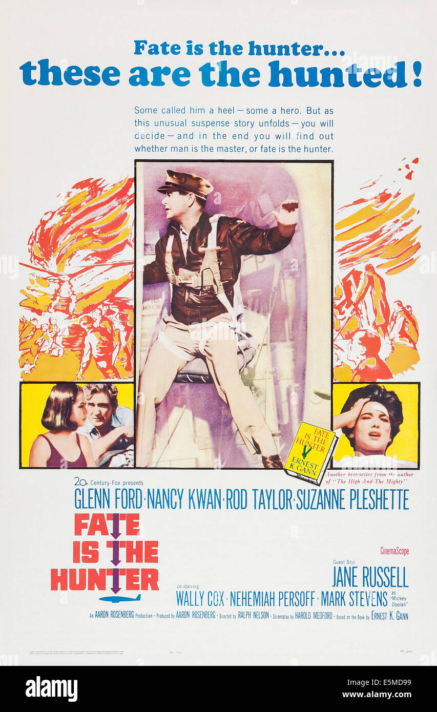 FATE IS THE HUNTER, US poster art, from left: Nancy Kwan, Rod Taylor,  Glenn Ford, Suzanne Pleshette, 1964. TM and Copyright Stock Photo