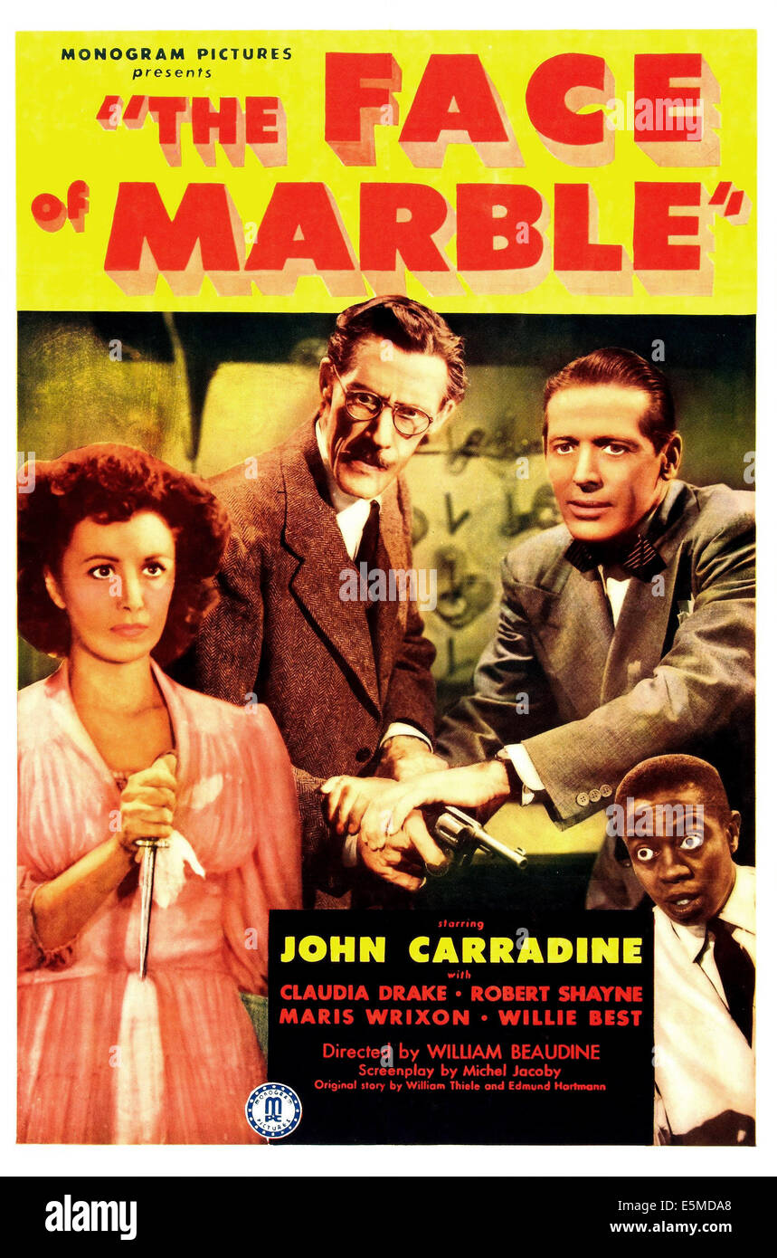 THE FACE OF MARBLE, US poster, from left: Claudia Drake, John Carradine, Robert Shayne, Willie Best, 1946 Stock Photo