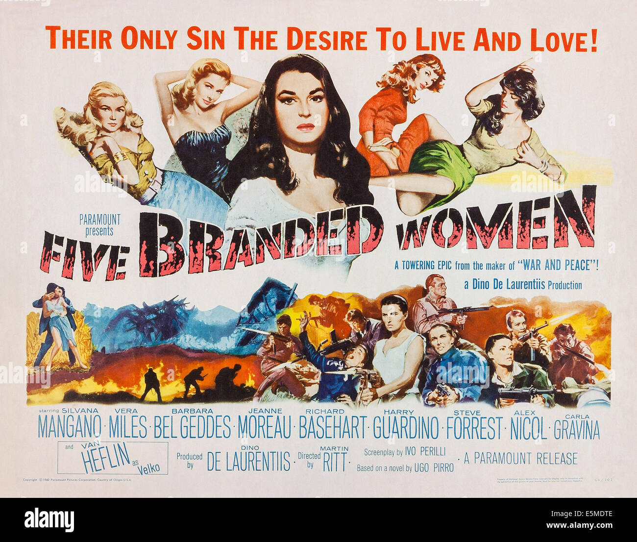 FIVE BRANDED WOMEN, US lobbycard, from top left: Barbara Bel Geddes, Vera Miles, Silvana Mangano, Carla Gravina, Jeanne Moreau, Stock Photo