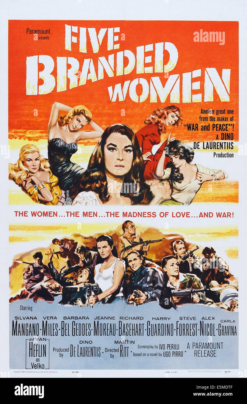 FIVE BRANDED WOMEN, (aka 5 BRANDED WOMEN), US poster, from left: Barbara Bel Geddes, Vera Miles, Silvana Mangano, Carla Stock Photo