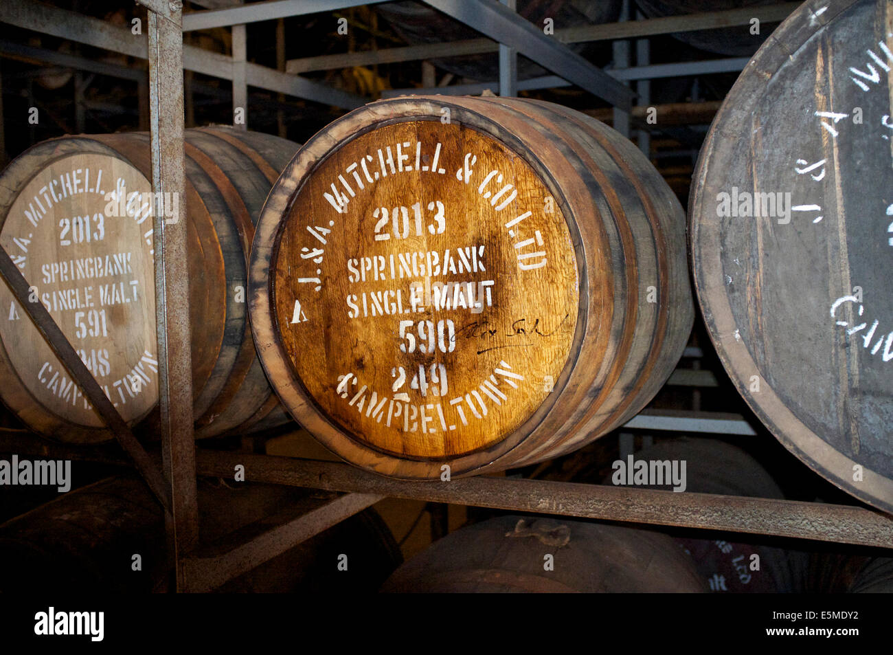 Springbank distillery campbeltown barrels, one with Alex Salmonds signature Stock Photo