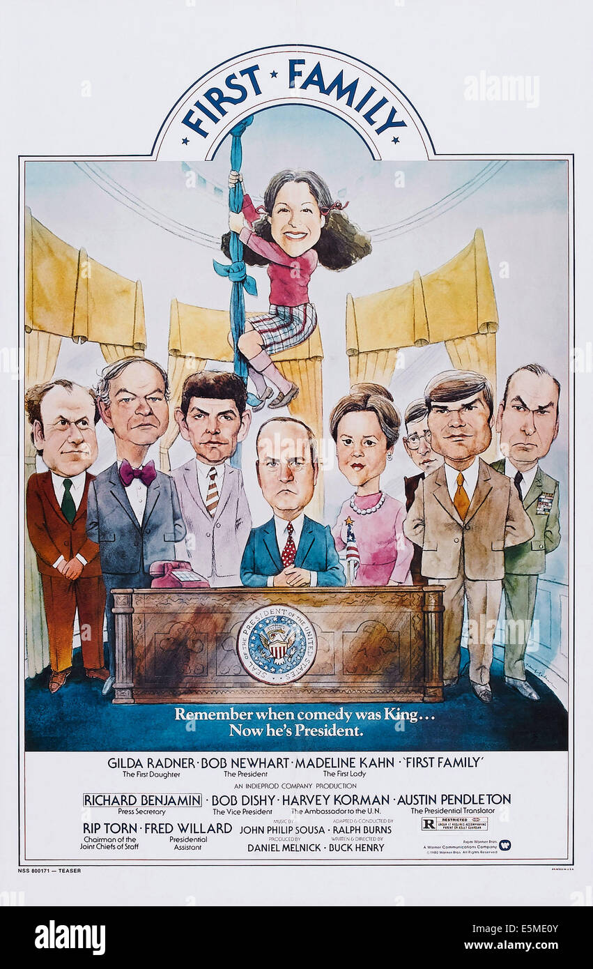 FIRST FAMILY, US poster, Gilda Radner (top), bottom from left: Bob Dishy, Harvey Korman, Richard Benjamin, Bob Newhart, Stock Photo