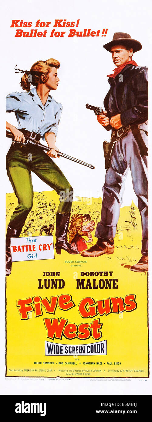 FIVE GUNS WEST, l-r: Dorothy Malone, John Lund on poster art, 1955. Stock Photo