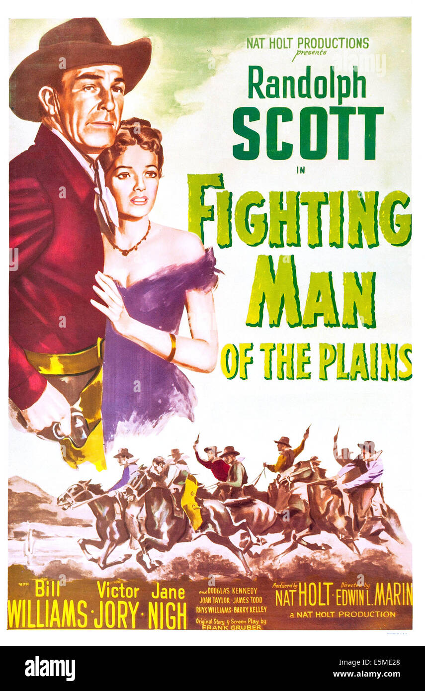 FIGHTING MAN OF THE PLAINS, US poster, from left: Randolph Scott, Jane Nigh, 1949. TM and copyright © 20th Century Fox Film Stock Photo