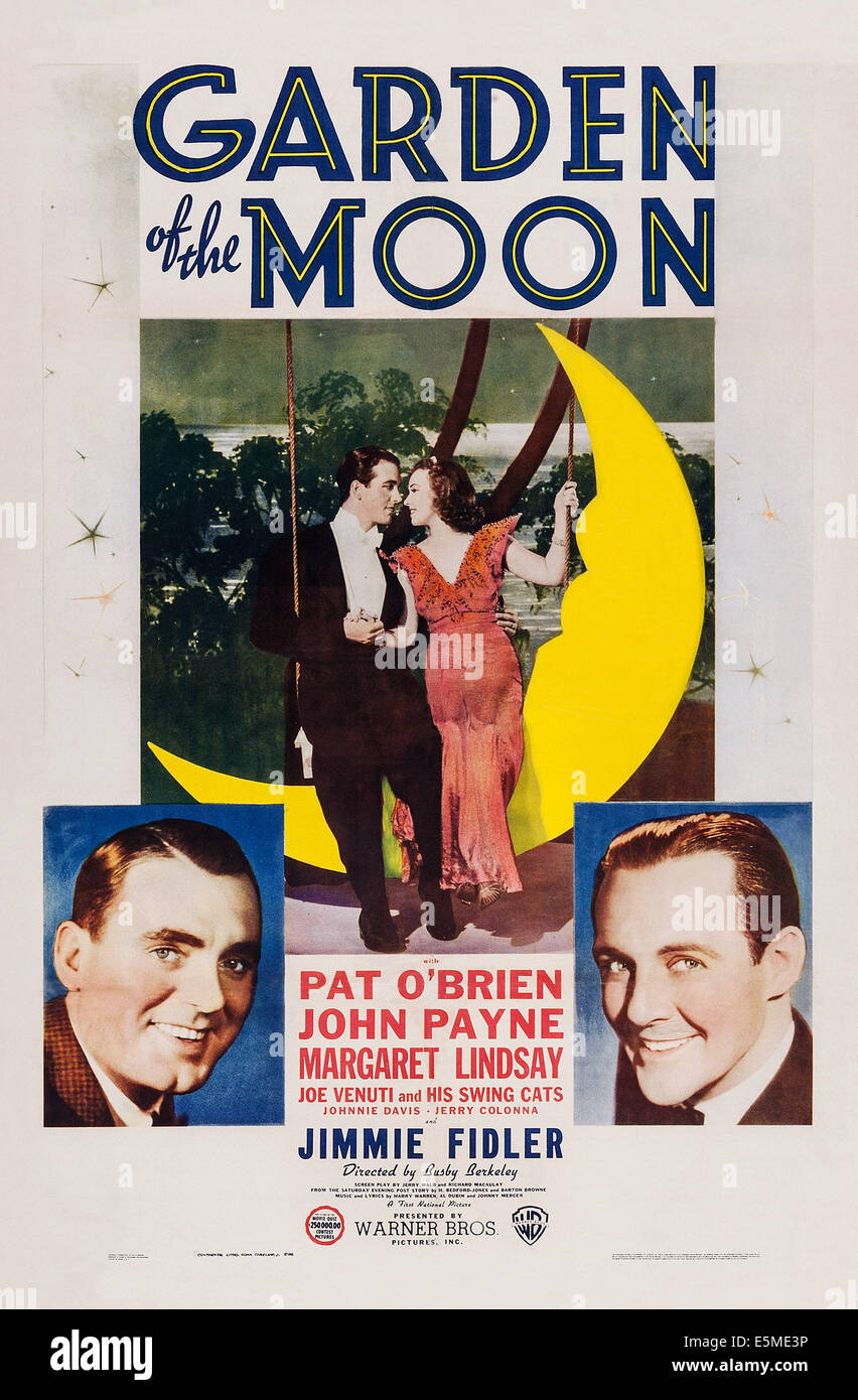 GARDEN OF THE MOON, US poster art, center: John Payne, Margaret Lindsay; bottom left: Pat O'Brien; bottom right: Jimmy Fidler, Stock Photo