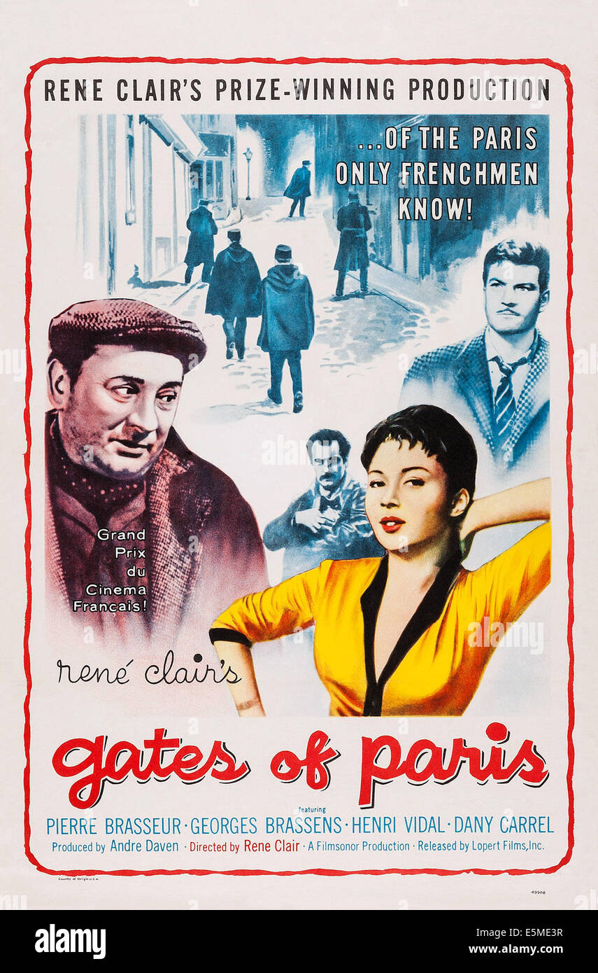 THE GATES OF PARIS, (aka PORTE DES LILAS), US poster art, Pierre Brasseur,  (left), Georges Brassens, (center back) Dany Carrel Stock Photo - Alamy