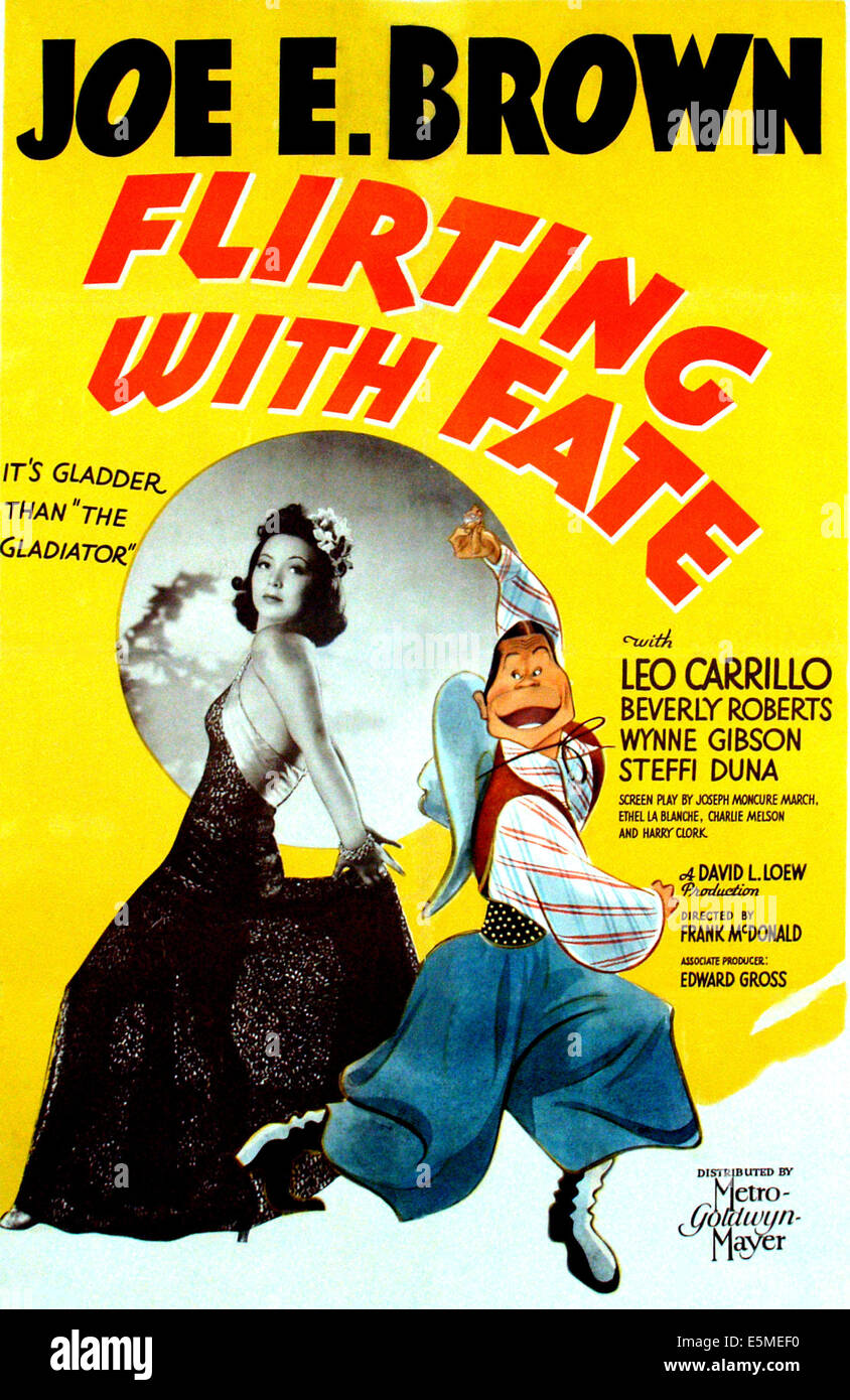 FLIRTING WITH FATE, dancing girl on left: Steffi Duna; in caricature on right: Joe E. Brown on one-sheet poster art, 1938. Stock Photo