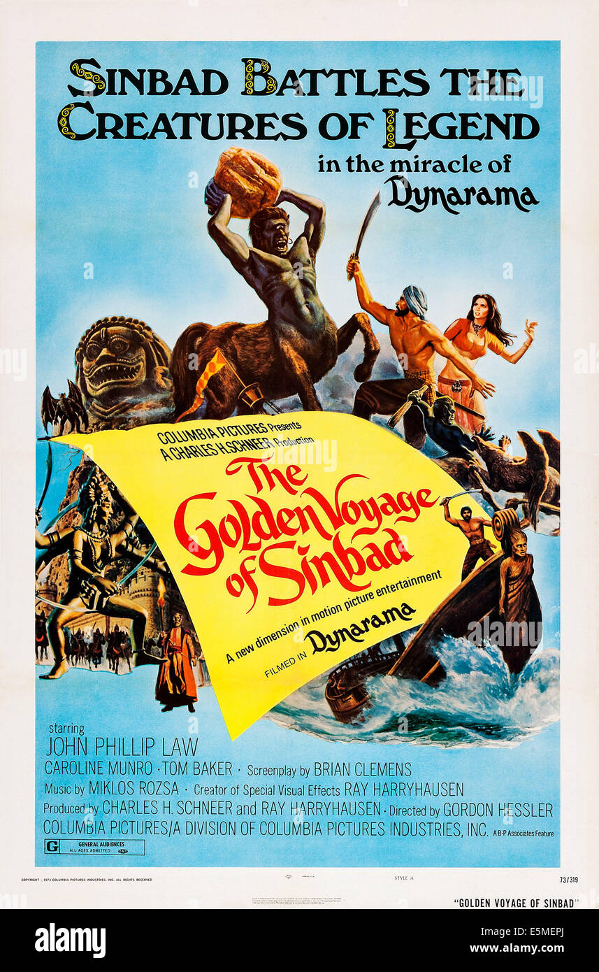 THE GOLDEN VOYAGE OF SINBAD, US poster, top from left: Centaur, John Phillip Law, Caroline Munro on poster art, 1974 Stock Photo