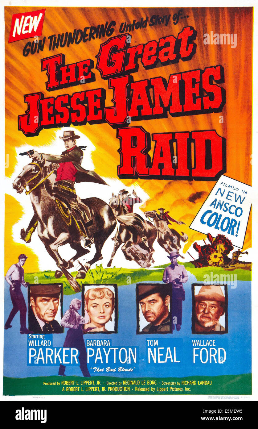 THE GREAT JESSE JAMES RAID, bottom from left: Willard Parker, Barbara Payton, Tom Neal, Wallace Ford, 1953 Stock Photo