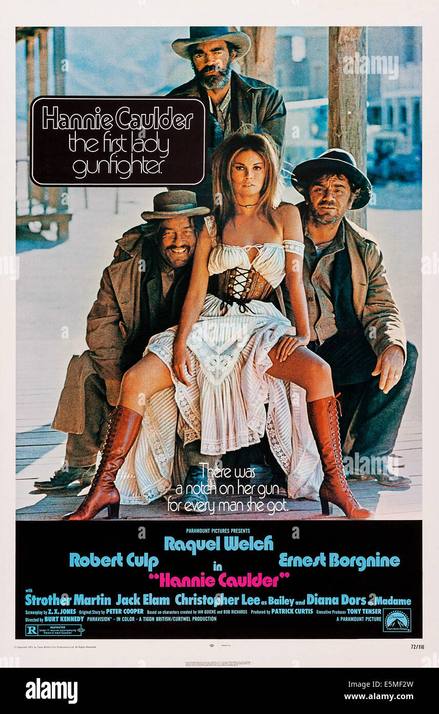 HANNIE CAULDER, US poster art, clockwise from top: Jack Elam, Ernest Borgnine, Raquel Welch, Strother Martin, 1971. Stock Photo