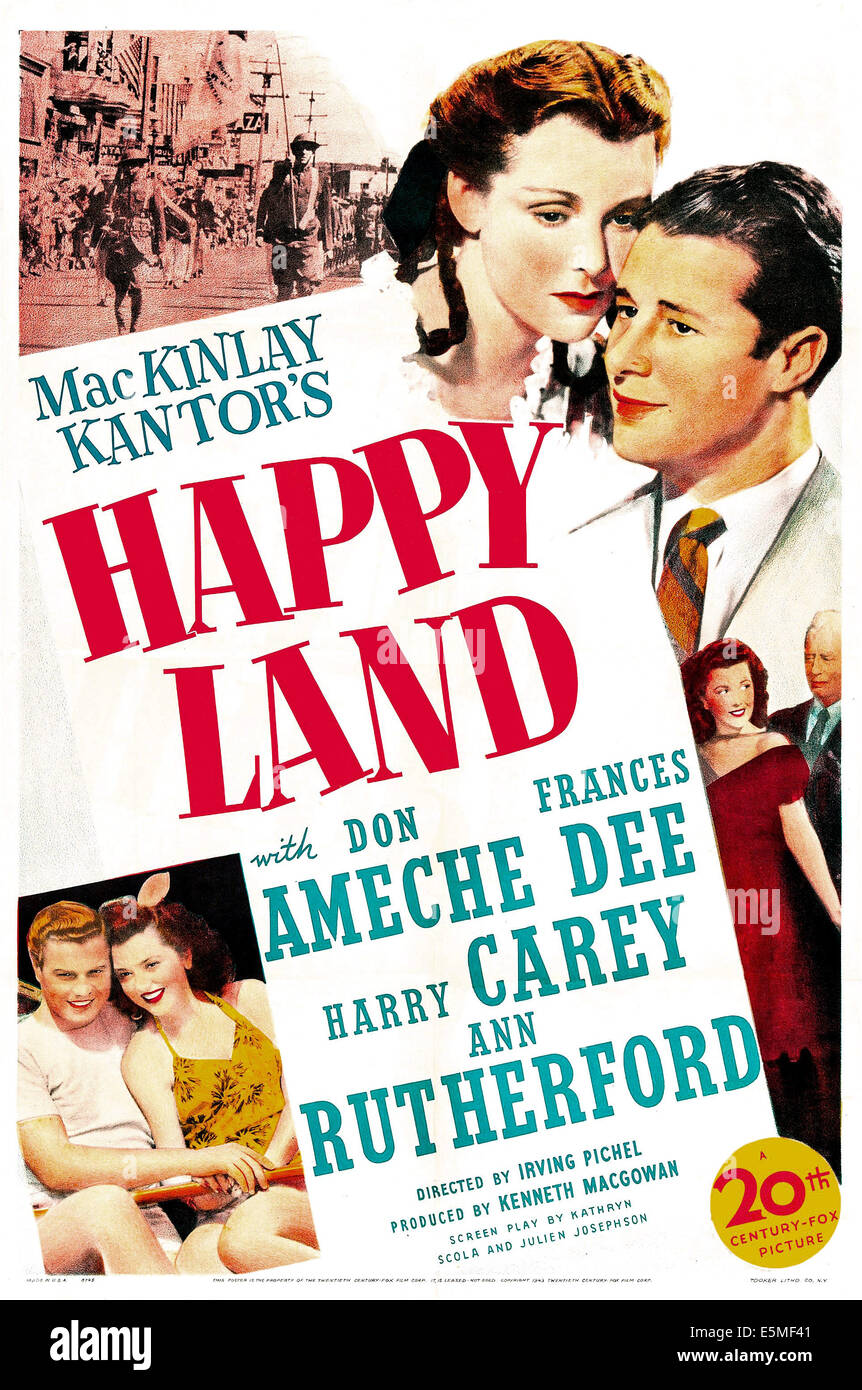 HAPPY LAND, US poster, top from left: Frances Dee, Don Ameche, middle far right: Harry Carey, bottom from left: Richard Crane, Stock Photo