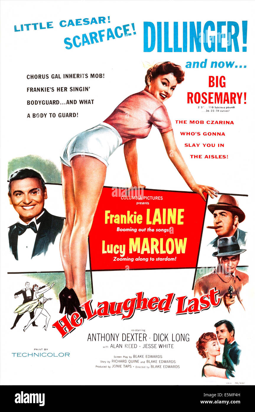 HE LAUGHED LAST, US poster, from left: Frankie Laine, Lucy Marlow, Jesse White (smoking cigar), 1956 Stock Photo