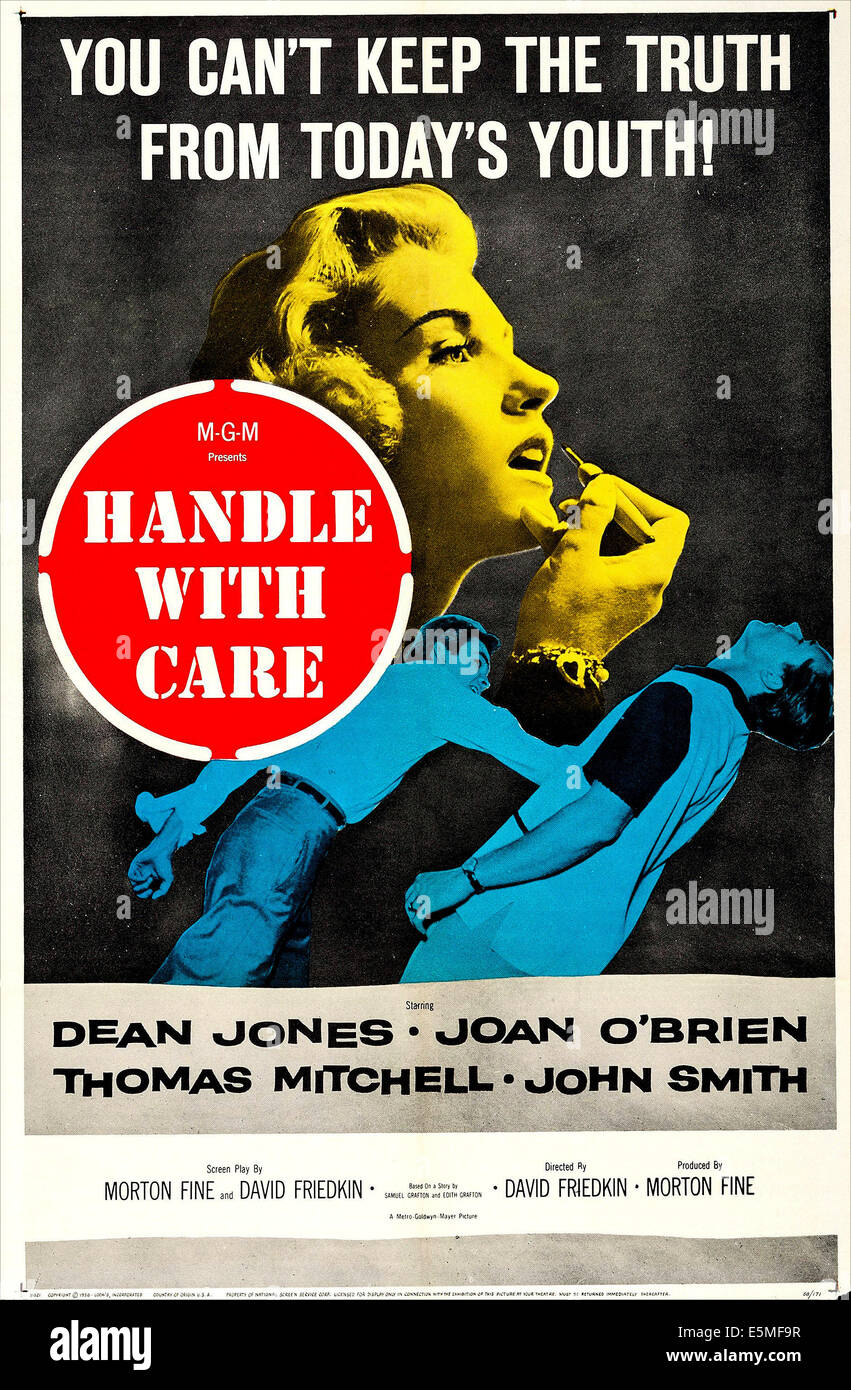 HANDLE WITH CARE, US poster, top: Joan O'Brien, bottom left: Dean Jones on poster art, 1958. Stock Photo