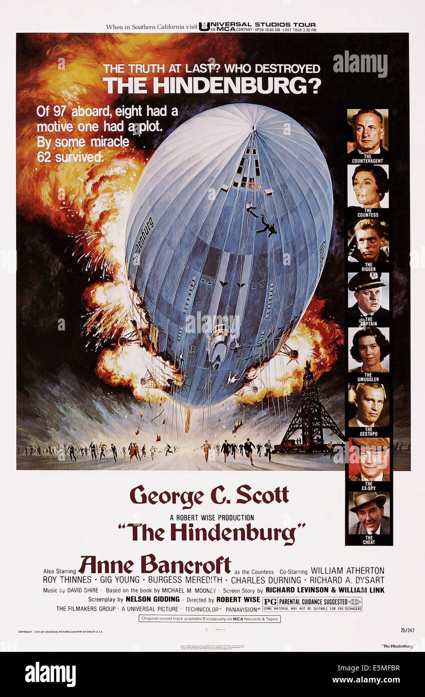 THE HINDENBURG, US poster art, top to bottom: George C. Scott, Anne Bancroft, William Atherton, Charles Durning, Jean Rasey, Stock Photo