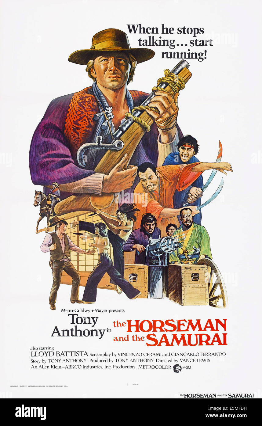 THE HORSEMAN AND THE SAMURAI, (aka THE SILENT STRANGER, aka LO STRANIERO DI SILENZIO), top: Tony Anthony on poster art, 1968. Stock Photo