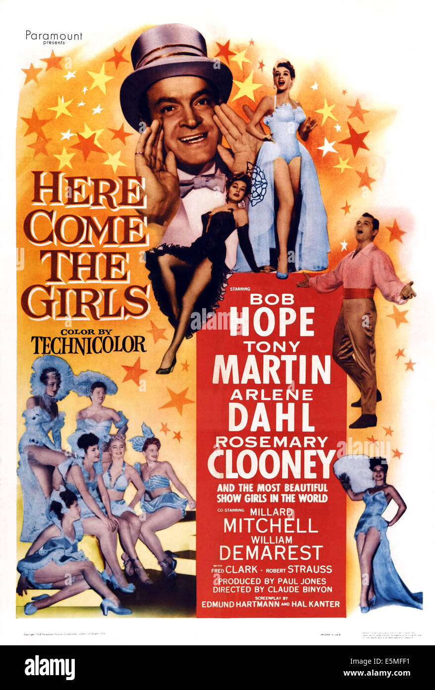 HERE COME THE GIRLS, US poster art, top four: Bob Hope, Arlene Dahl, (dressed in black), Rosemary Clooney, Tony Martin, 1953 Stock Photo