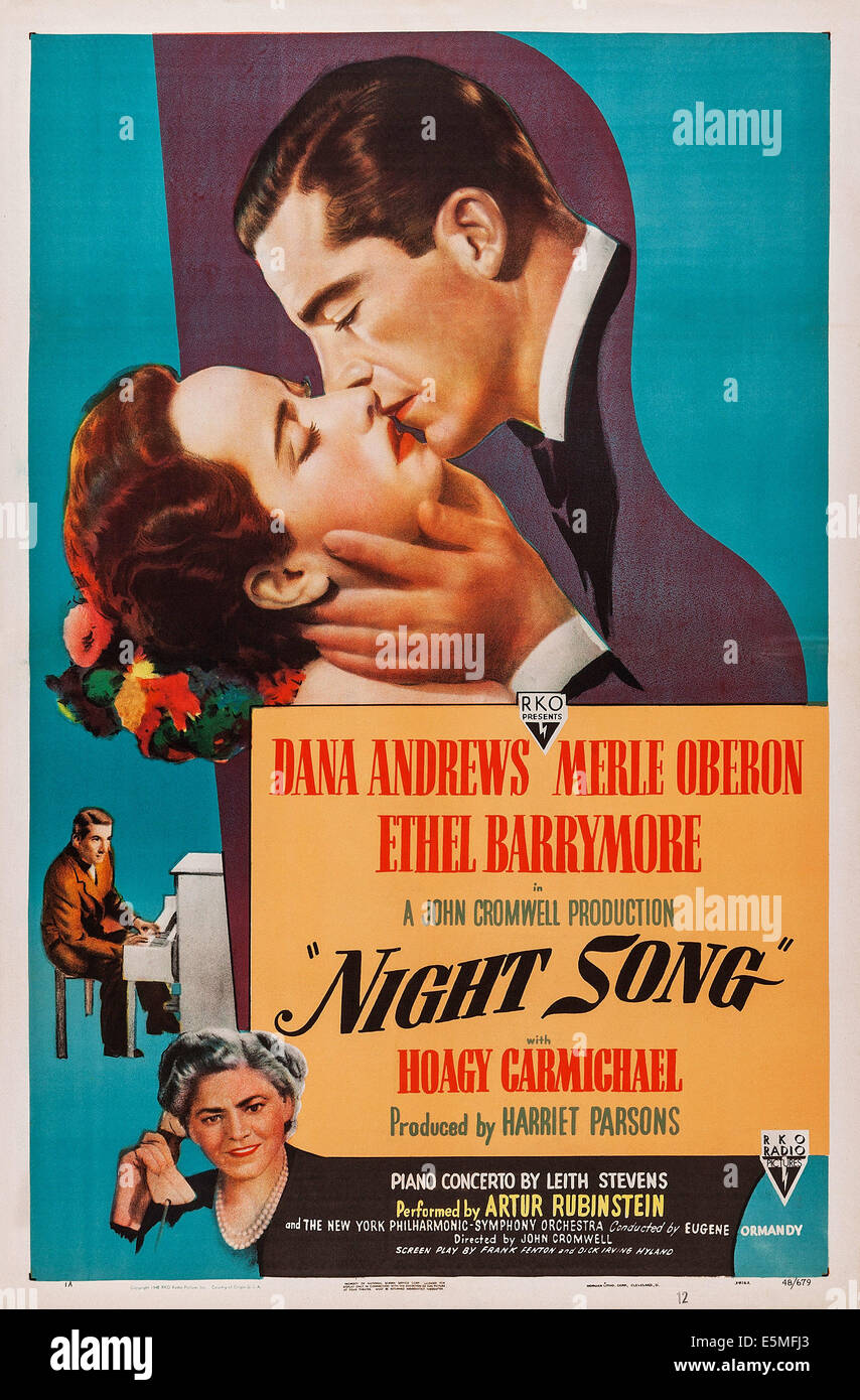 NIGHT SONG, US poster, top from left: Merle Oberon, Dana Andrews, middle left: Hoagy Carmichael, bottom left: Ethel Barrymore, Stock Photo