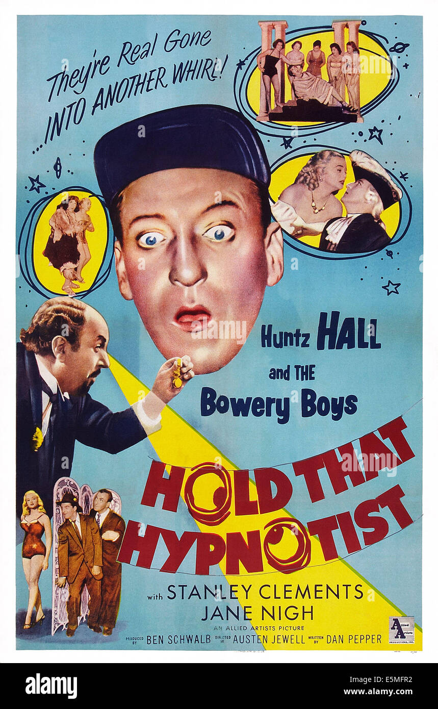 HOLD THAT HYPNOTIST, US poster art, center: Huntz Hall; bottom left: Jane Nigh, Stanley Clements, Huntz Hall, 1957 Stock Photo