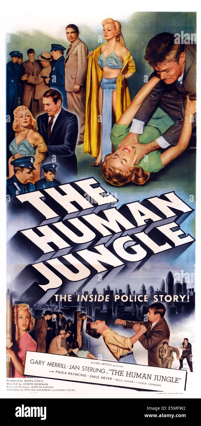 THE HUMAN JUNGLE, US poster, from left: Jan Sterling, Gary Merrill (twice), Jan Sterling, Chuck Connors (strangling), 1954 Stock Photo