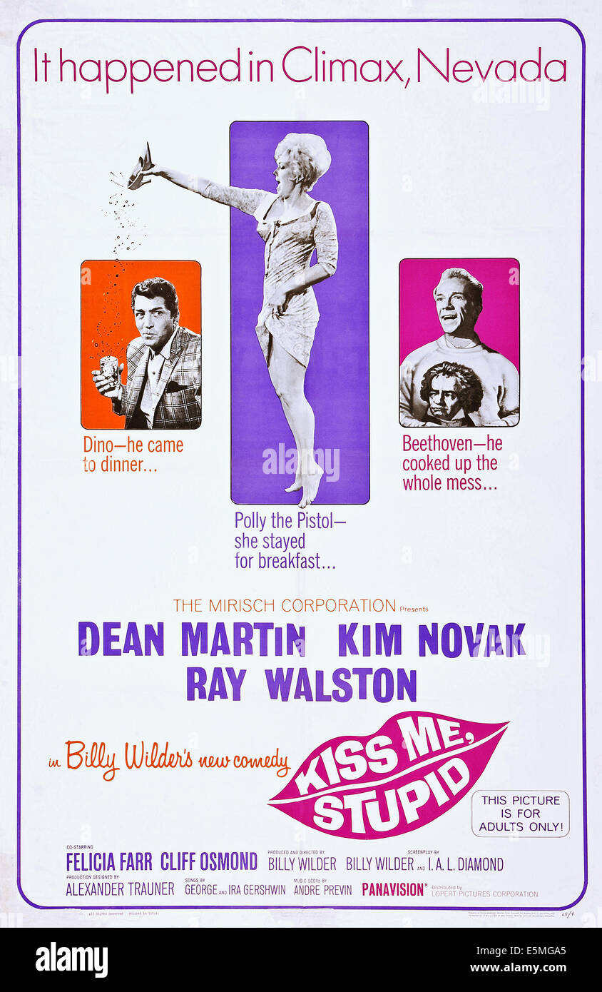 KISS ME STUPID, US poster art, from left: Dean Martin, Kim Novak, Ray Walston, 1964 Stock Photo
