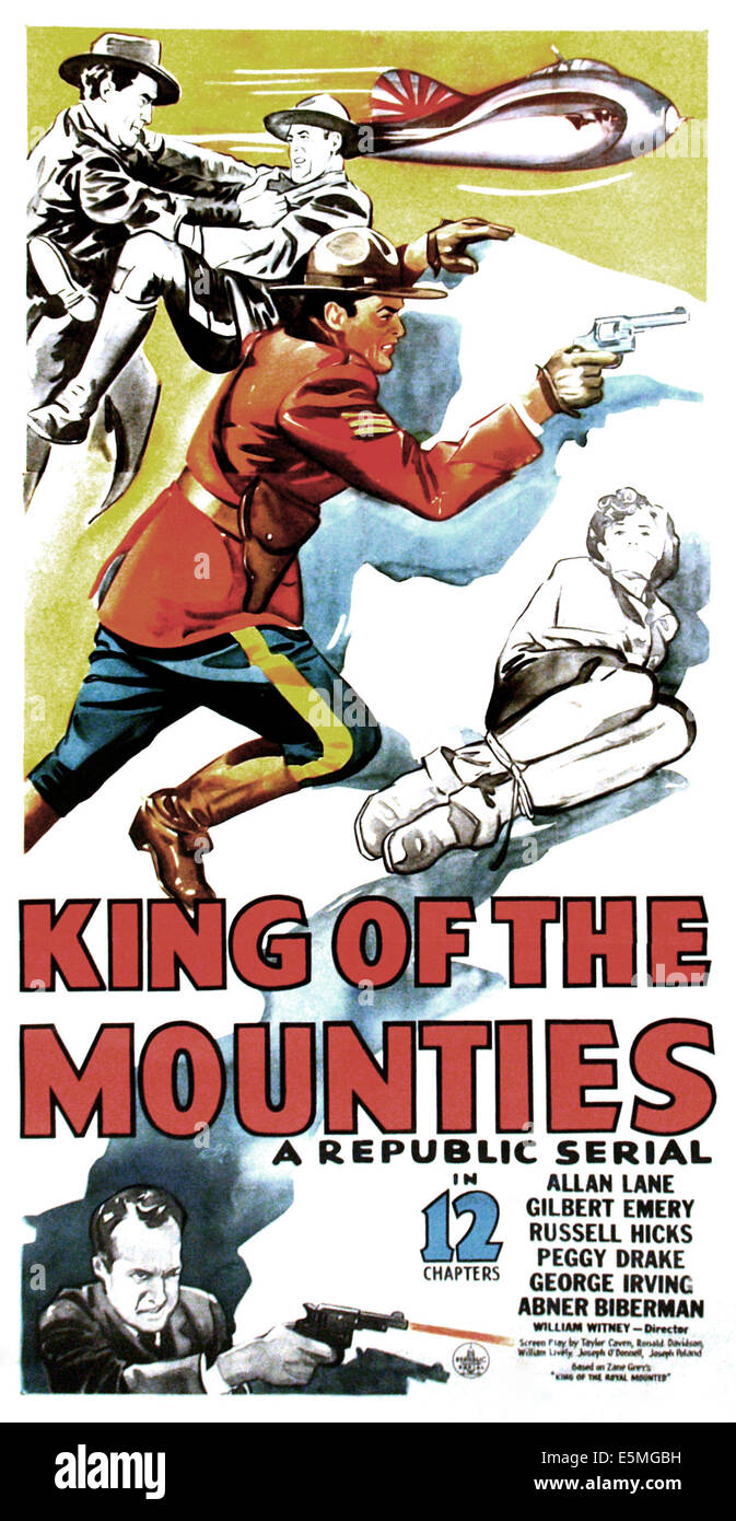 KING OF THE MOUNTIES, center, from left, Allan Lane, Peggy Drake Stock Photo