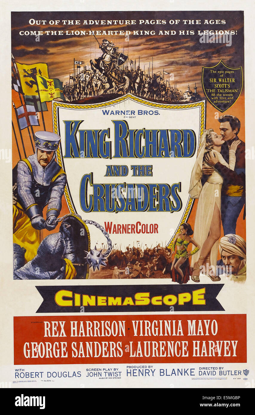 KING RICHARD AND THE CRUSADERS, l-r: George Sanders, Virginia Mayo, Laurence Harvey, bottom: Rex Harrison on poster art, 1954. Stock Photo