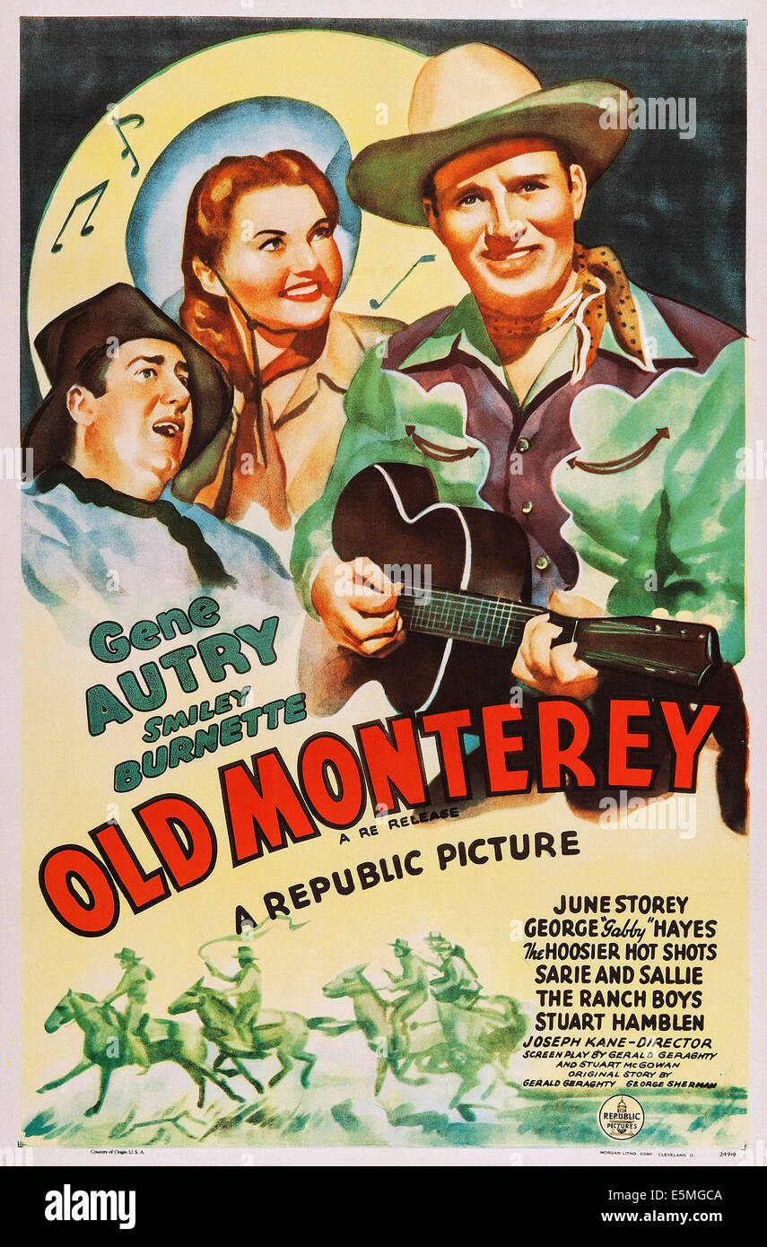 IN OLD MONTEREY, US poster, from left: Smiley Burnette, June Storey, Gene Autry, 1939 Stock Photo