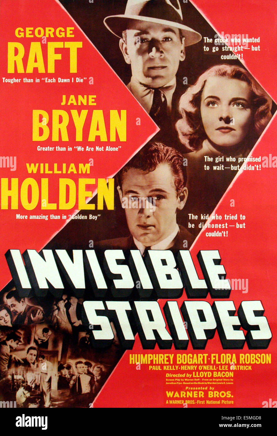 INVISIBLE STRIPES, upper half, from top: George Raft, Jane Bryan, William Holden on one-sheet poster art, 1939. Stock Photo