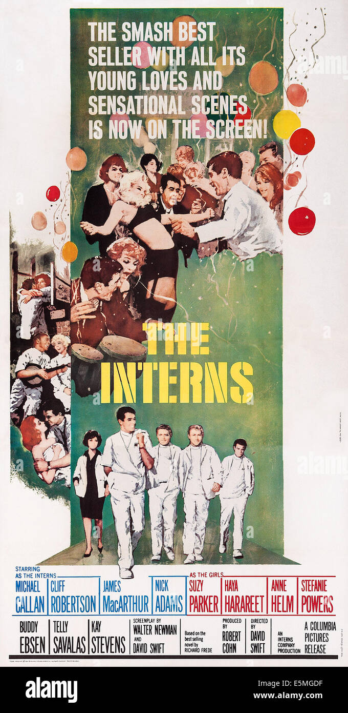 THE INTERNS, US poster, bottom from left: Suzy Parker, Michael Callan, James MacArthur, Nick Adams, Cliff Robertson, 1962 Stock Photo