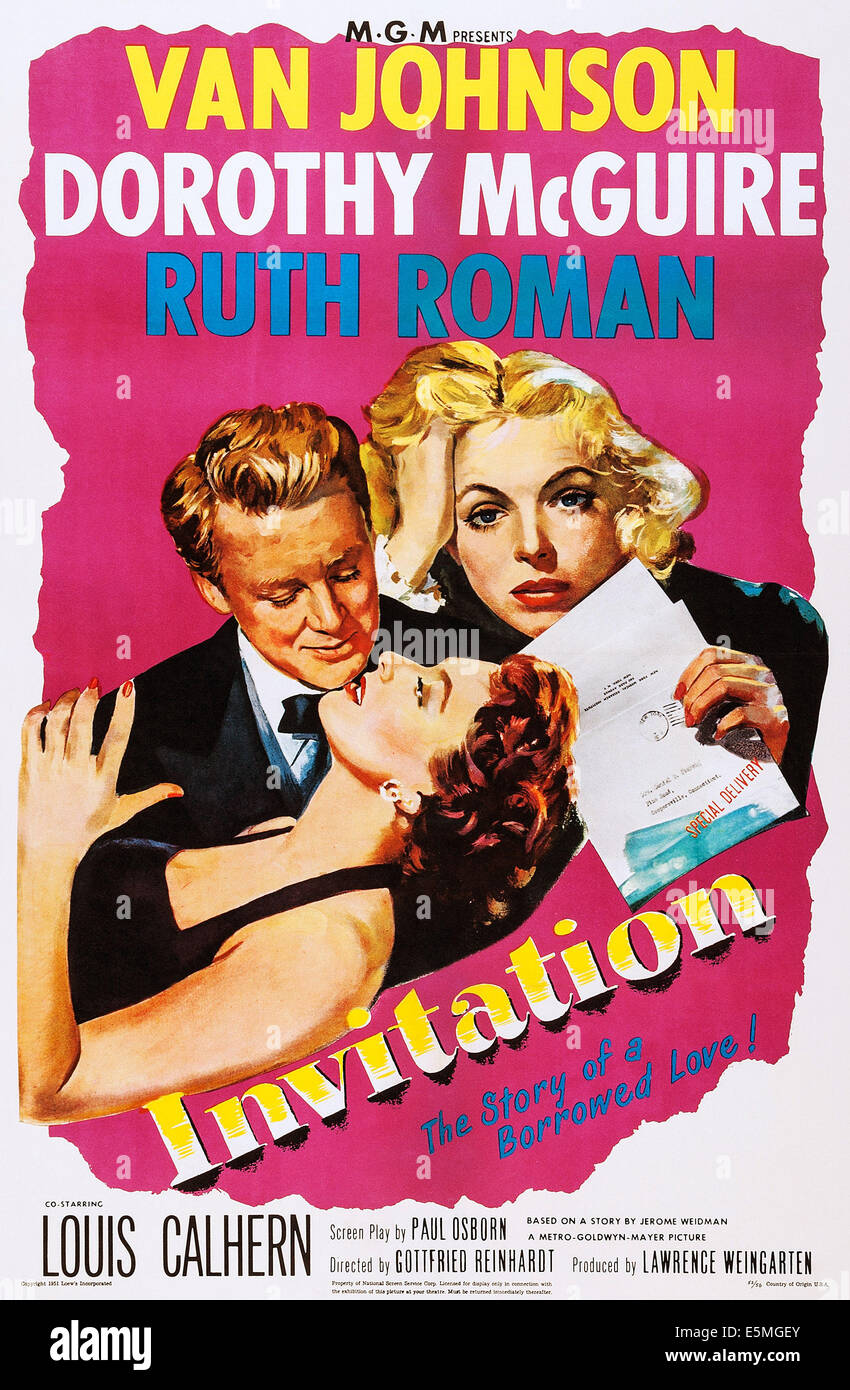 INVITATION, US poster, from left: Van Johnson, Ruth Roman, Dorothy McGuire, 1952 Stock Photo