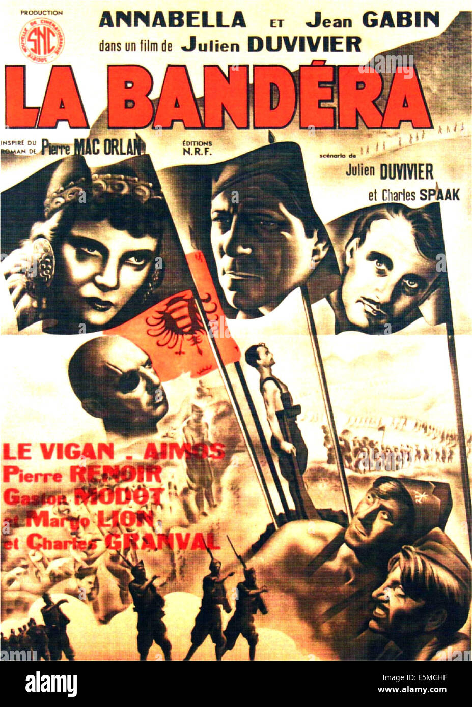 LA BANDERA, (aka ESCAPE FROM YESTERDAY), French poster art; flags from left: Annabella, Jean Gabin, Robert Le Vigan; eyepatch: Stock Photo