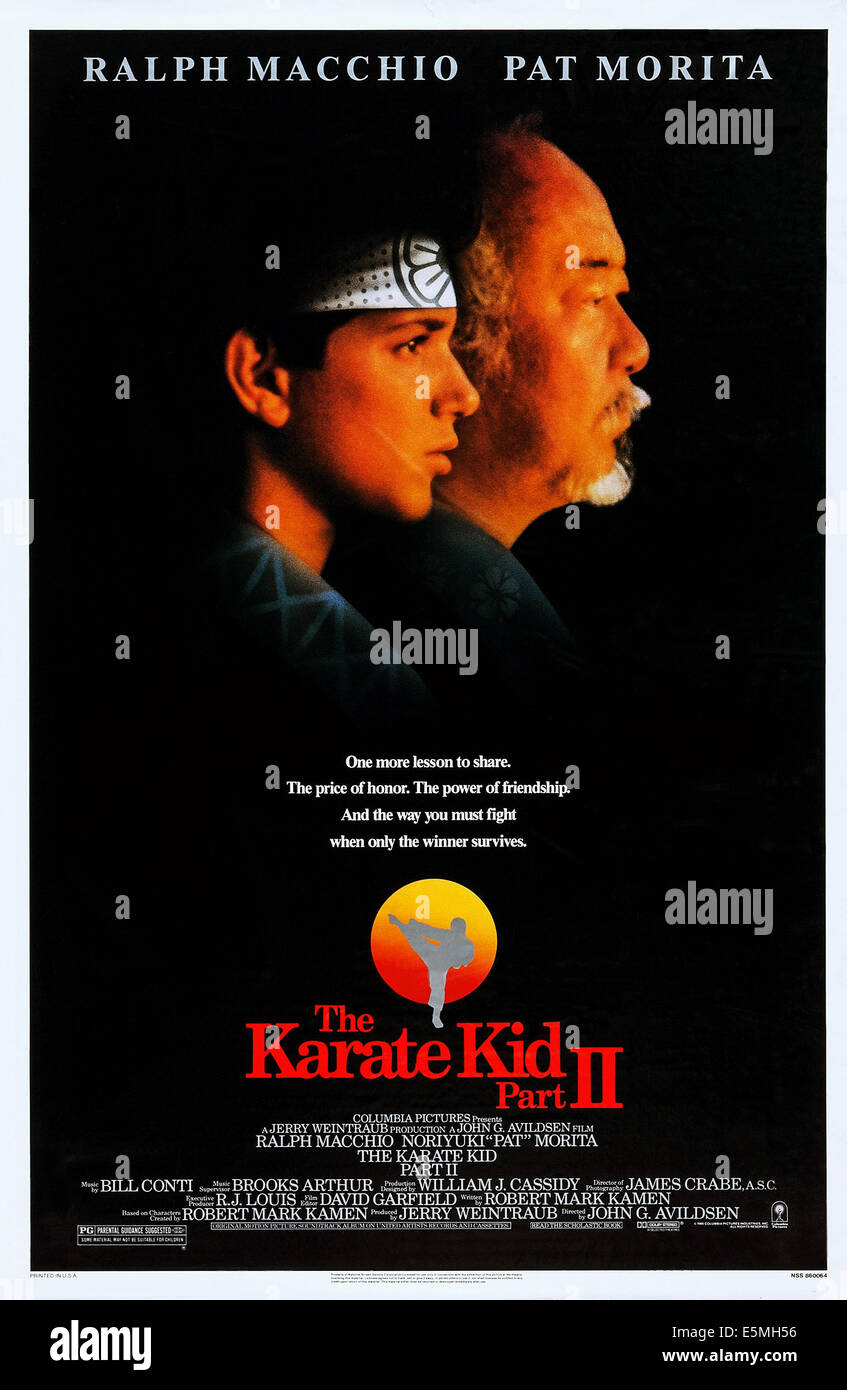 THE KARATE KID, Part II, US poster art, from left: Ralph Macchio, Pat Morita, 1986. ©Columbia Pictures/courtesy Everett Stock Photo