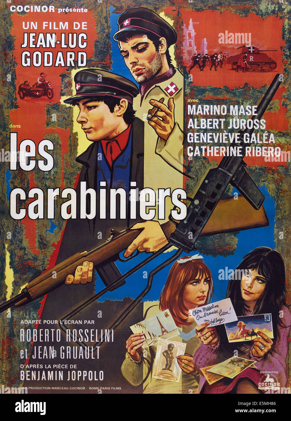 LES CARABINIERS, (aka THE SOLDIERS), French poster, top from left: Marino Mase, Patrice Moullet, bottom from left: Catherine Stock Photo