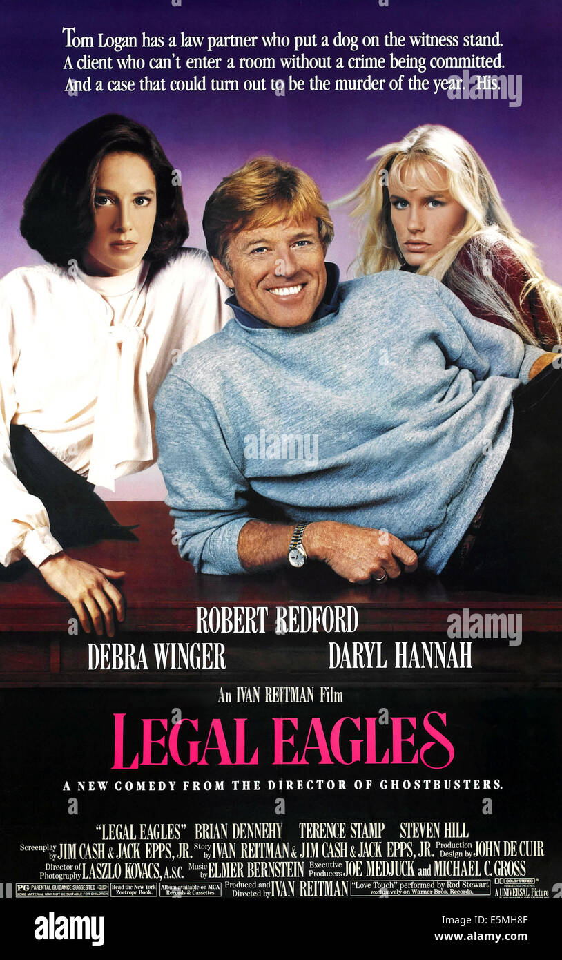 LEGAL EAGLES, l-r: Debra Winger, Robert Redford, Daryl Hannah on poster art, 1986, ©Universal Pictures/courtesy Everett Stock Photo