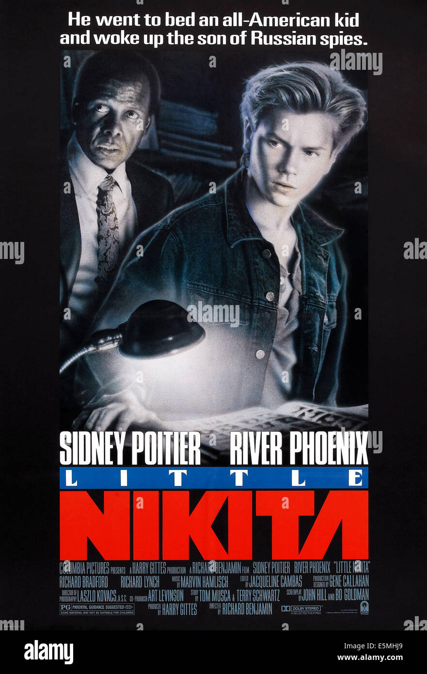 LITTLE NIKITA, l-r: Sidney Poitier, River Phoenix on poster art, 1988, ©Columbia Pictures/courtesy Everett Collection Stock Photo