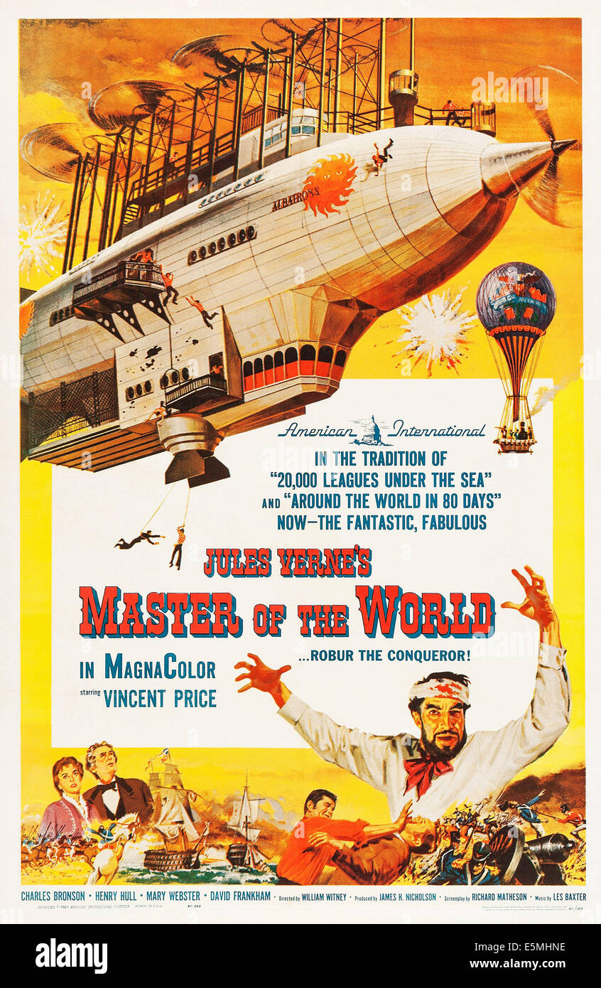 MASTER OF THE WORLD, US poster art, lower right, with arms upraised: Vincent Price; at bottom, from left: Mary Webster, Henry Stock Photo