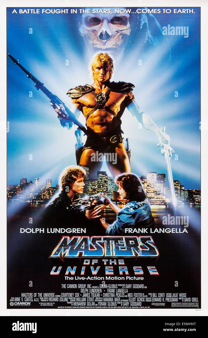 MASTERS OF THE UNIVERSE,  US poster art, center: Dolph Lundgren; bottom: Robert Duncan McNeill, Courteney Cox, 1987. ©Cannon Stock Photo