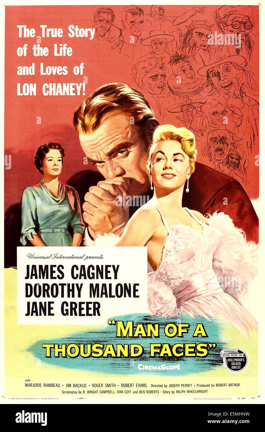 MAN OF A THOUSAND FACES, US poster, from left: Jane Greer, James Cagney, Dorothy Malone, 1957 Stock Photo