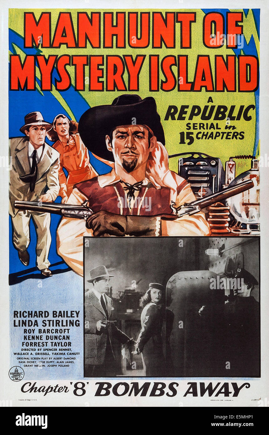 MANHUNT OF MYSTERY ISLAND, US poster, top and bottom from left: Richard Bailey, Linda Stirling, roy Barcroft (pirate), 1945 Stock Photo