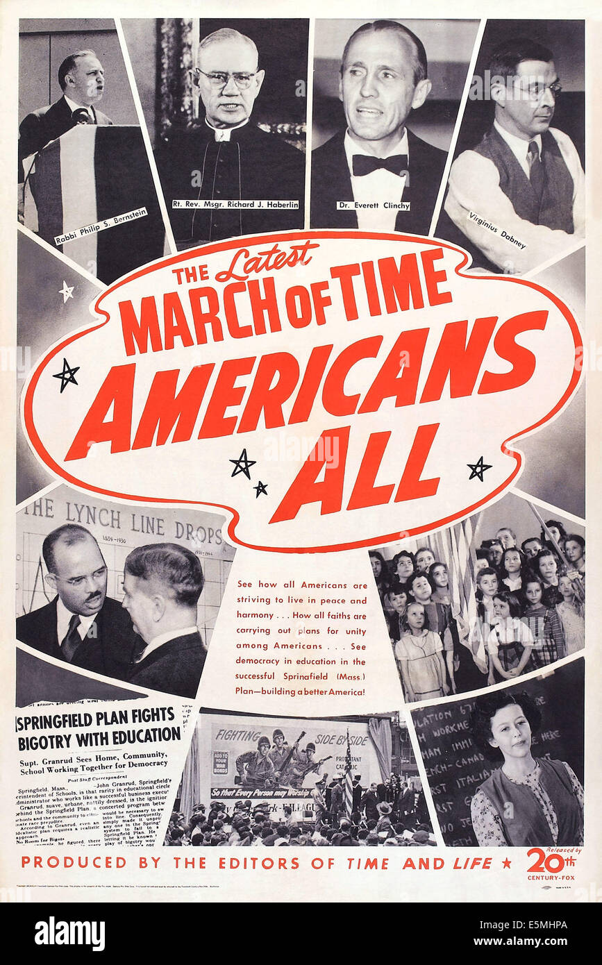 THE MARCH OF TIME: AMERICANS ALL, US poster, top from left: Rabbi Philip S. Bernstein, Rt, Rev. Msgr. Richard J. Haberlin, Dr, Stock Photo