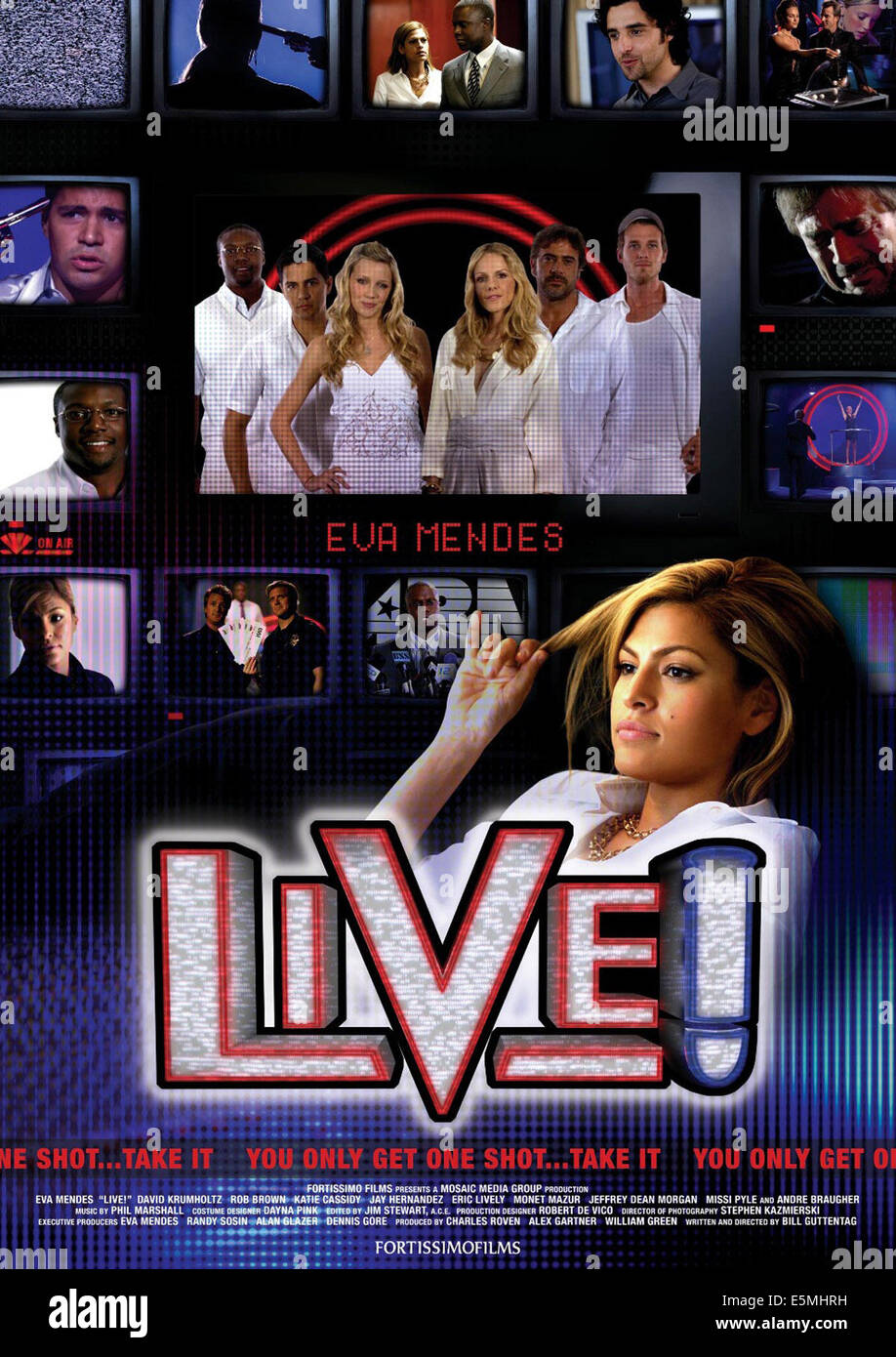 LIVE!, international poster art, bottom: Eva Mendes; top, second panel from right: David Krumholtz; center panel from left: Rob Stock Photo