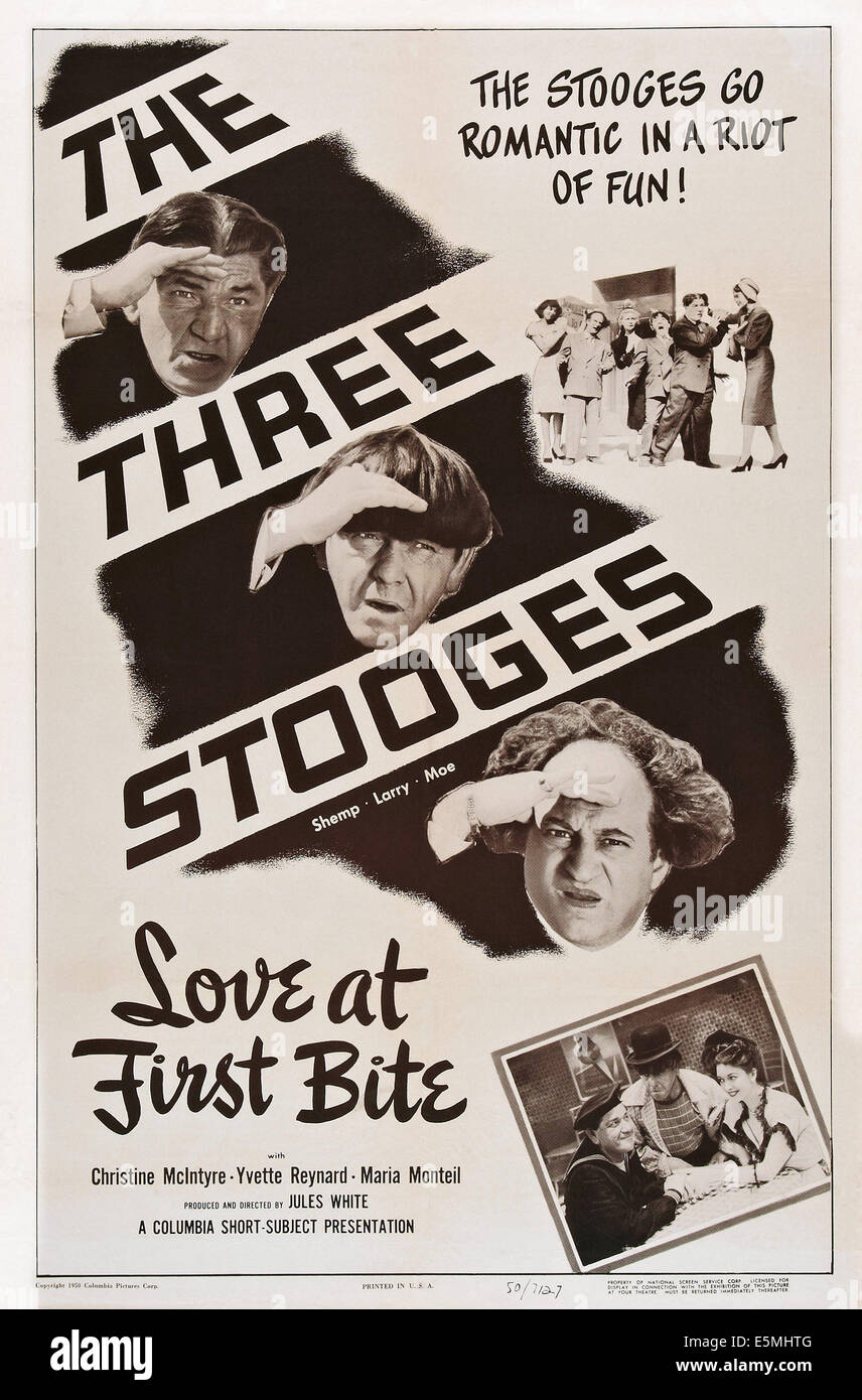 LOVE AT FIRST BITE, The Three Stooges from top: Shemp Howard, Moe Howard, Larry Fine on poster art, 1950 Stock Photo