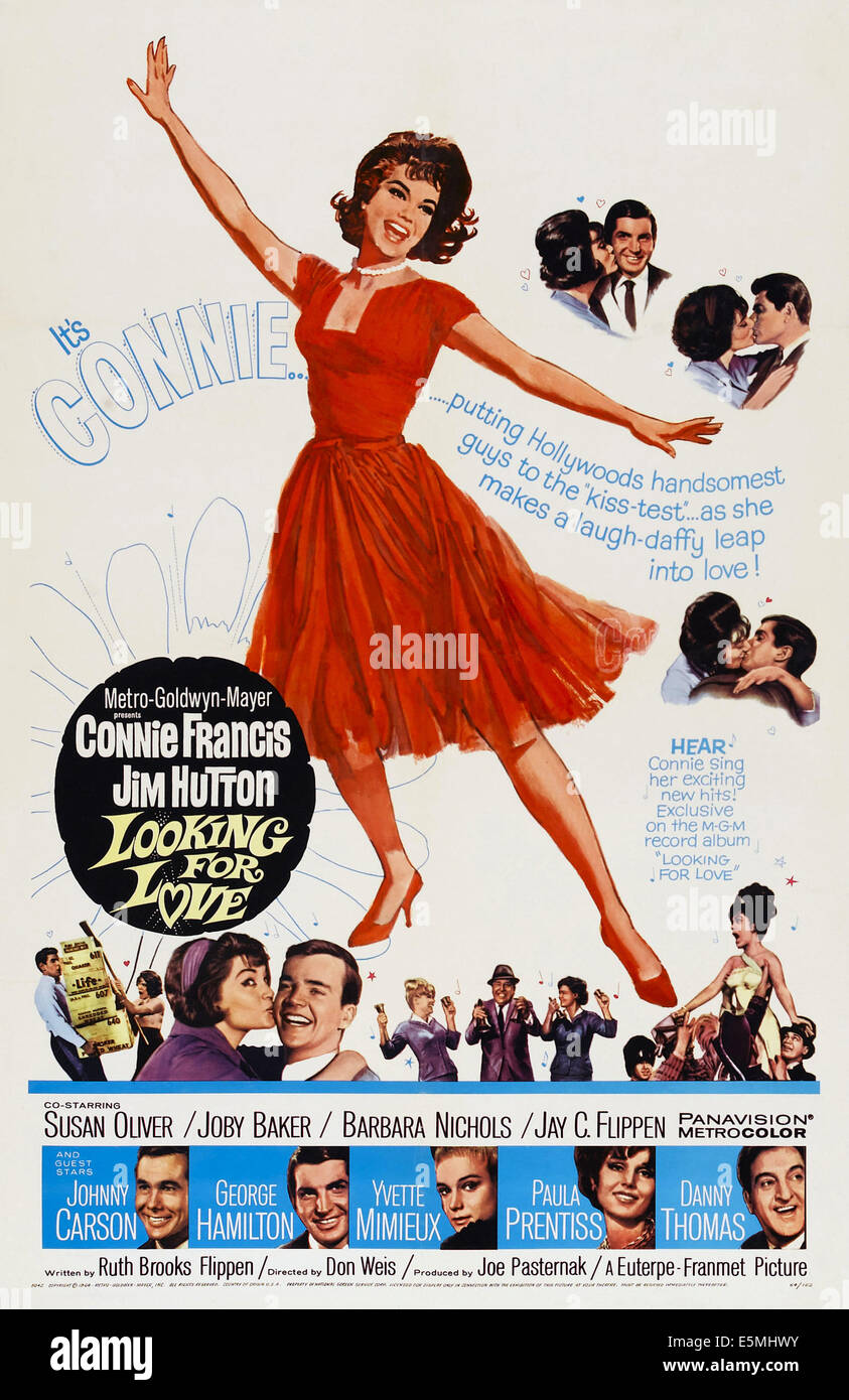 LOOKING FOR LOVE, US poster, Connie Francis, bottom from left: Johnny Carson, George Hamilton, Yvette Mimieux, Paula Prentiss, Stock Photo