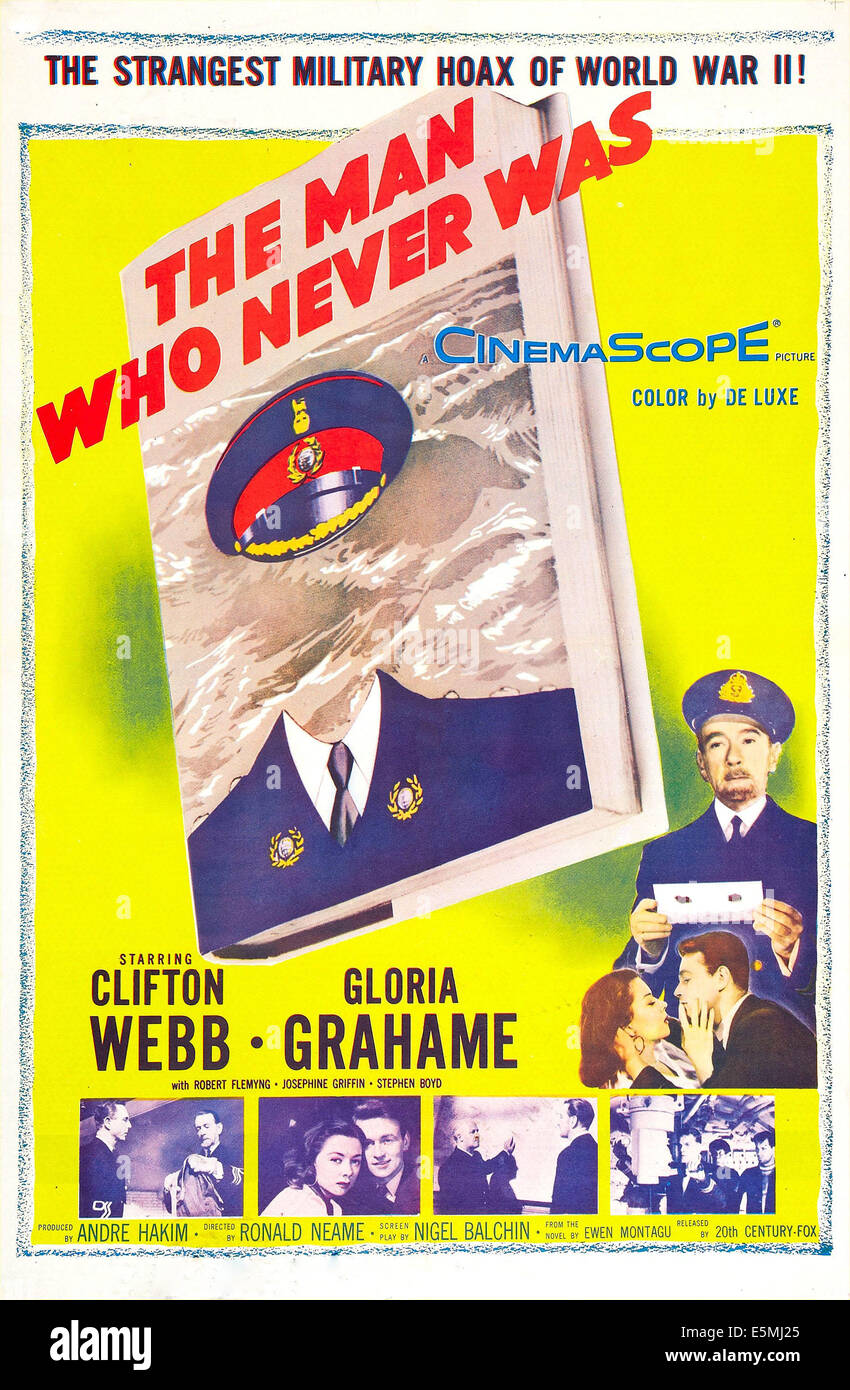 THE MAN WHO NEVER WAS, US poster art, Clifton Webb,  (right),Gloria Grahame, (below Webb), 1956. TM & Copyright ©20th Century Stock Photo