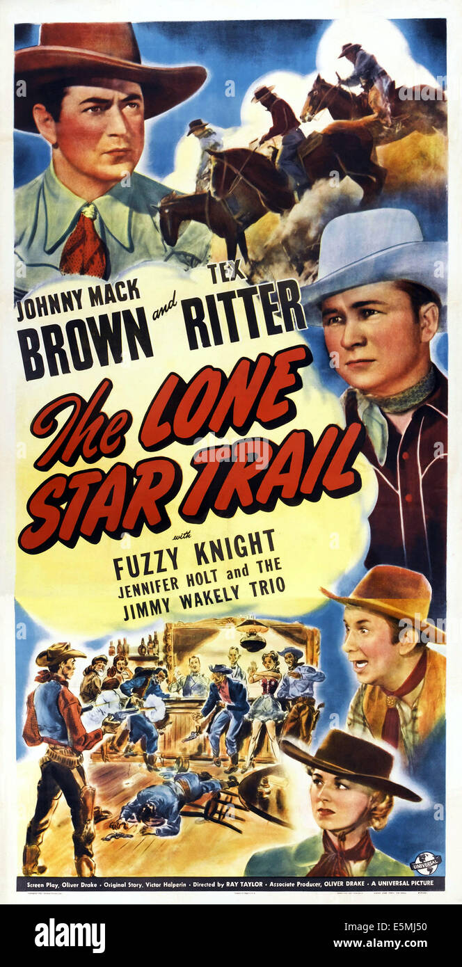 THE LONE STAR TRAIL, US poster, from top Johnny Mack Brown, Tex Ritter