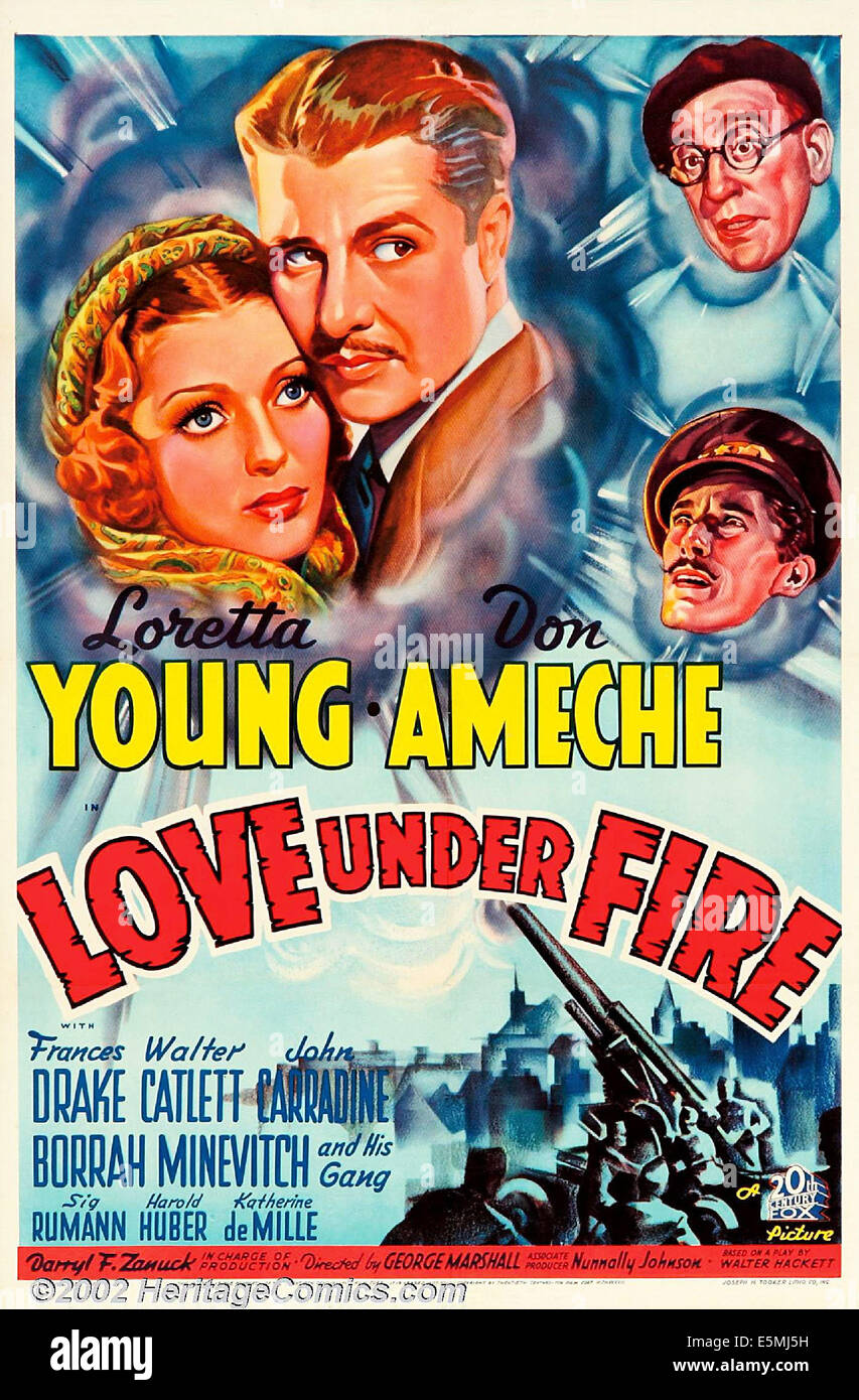 LOVE UNDER FIRE, US poster, clockwise from left: Loretta Young, Don Ameche, Walter Catlet, John Carradine, 1937. TM & copyright Stock Photo