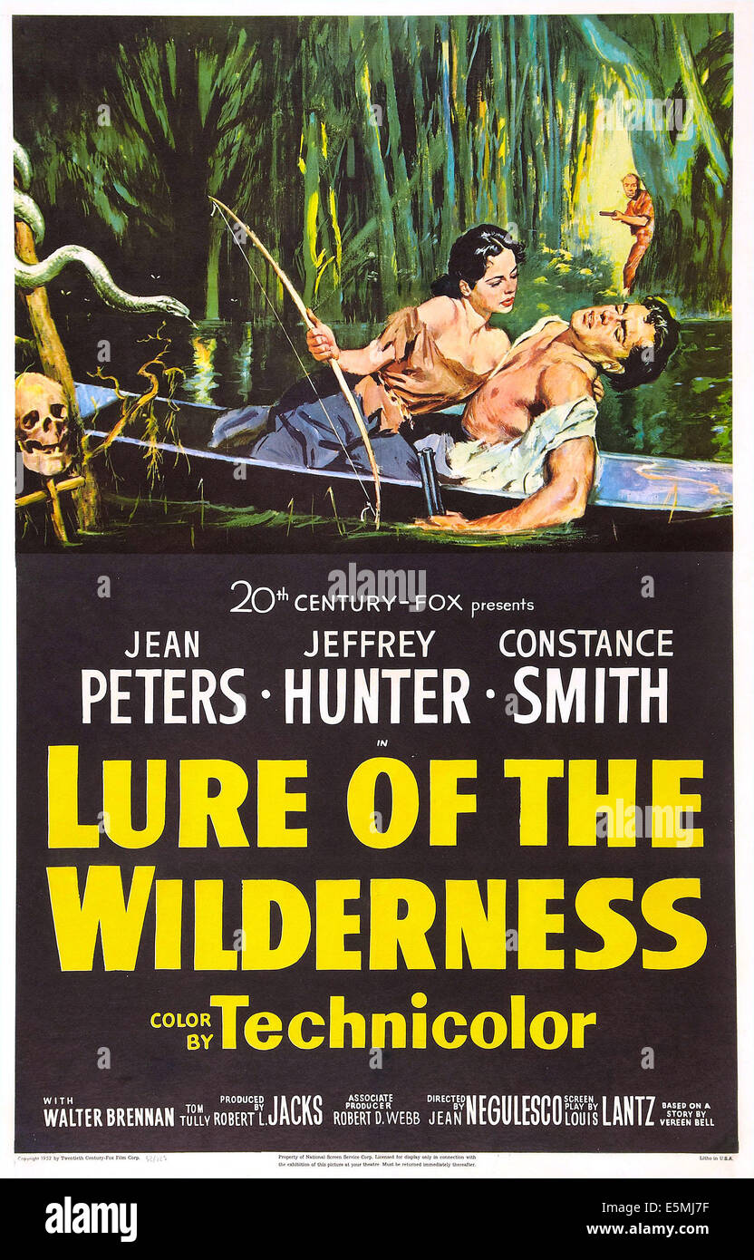 LURE OF THE WILDERNESS, US poster art, from left:  Jean Peters, Jeffrey Hunter, 1952. TM & Copyright ©20th Century Fox Film Stock Photo