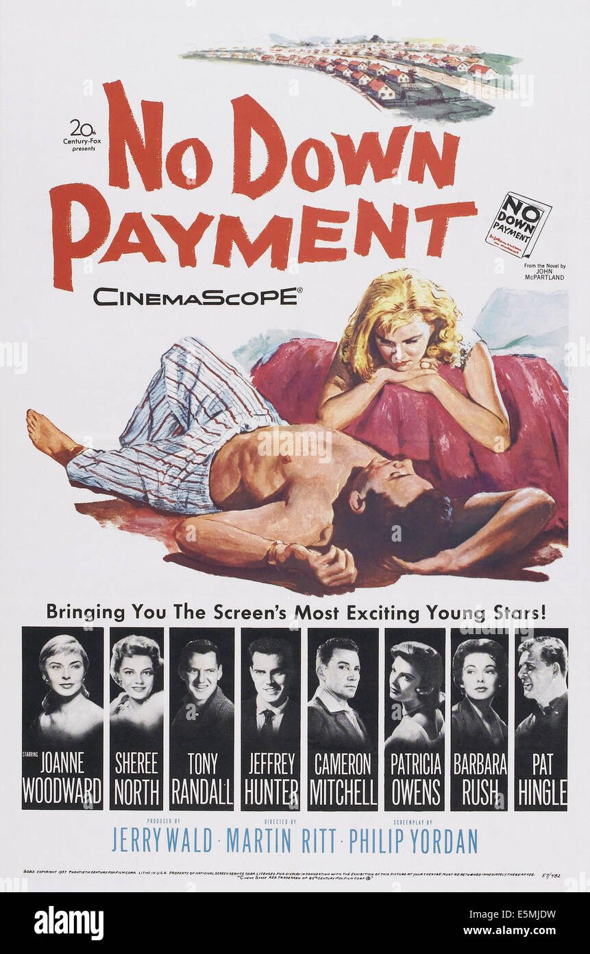 NO DOWN PAYMENT, US poster art, from left: Joanne Woodward, Sheree North, Tony Randall, Jeffrey Hunter, Cameron Mitchell, Stock Photo